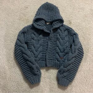 Women's MALIBU BUM Blue CHUNKY KNIT Hooded CROPPED Oversized CARDIGAN Sweater OS